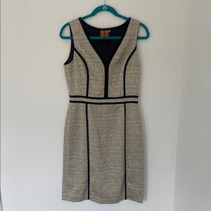 Tory Burch Gray and Tan Sleeveless V-Neck Sheath Mini Dress